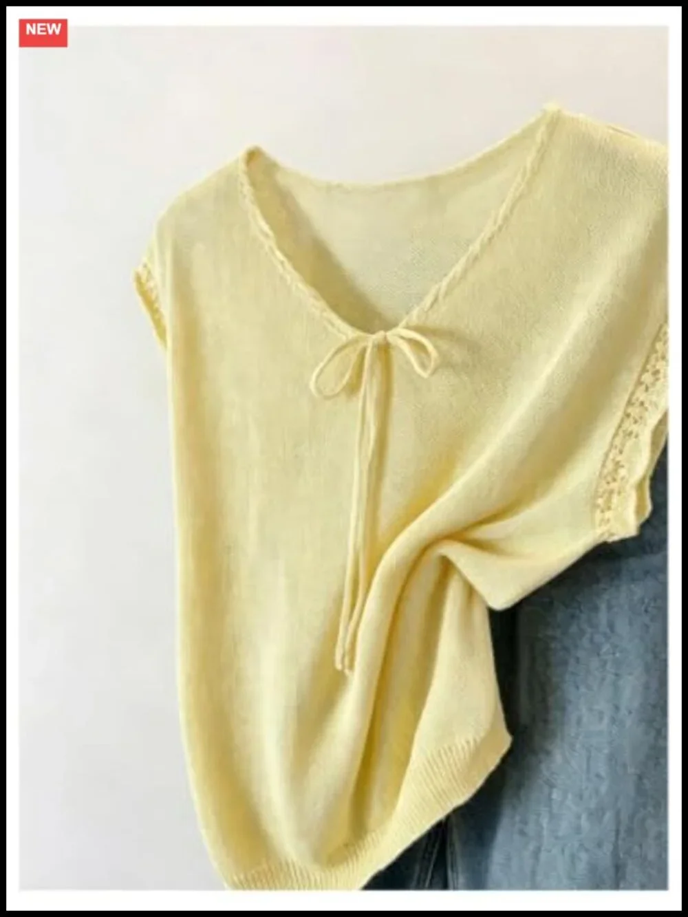V Neck Cap Sleeve Lace Knit Pullover Top